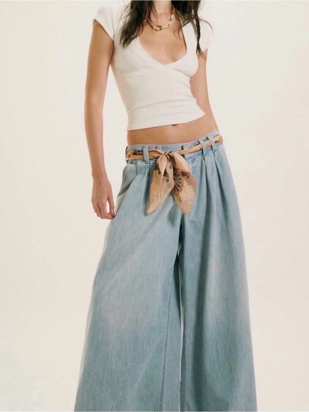 High-Waist Wide Leg Light Wash Denim Pants with Scarf Tie